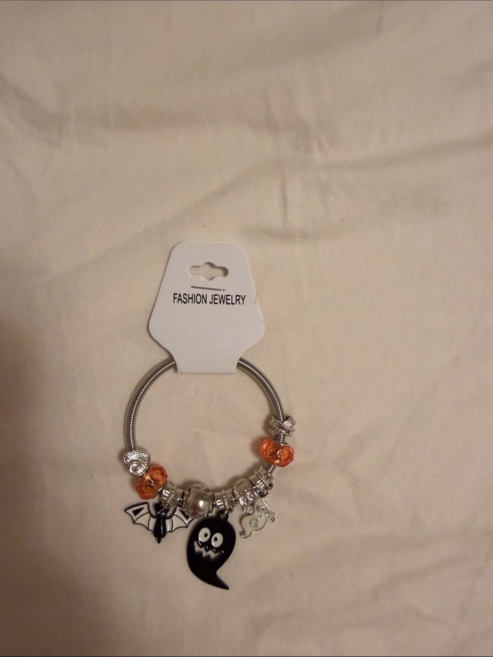 Halloween Charm Bracelet with Black Ghost & Orange Beads
